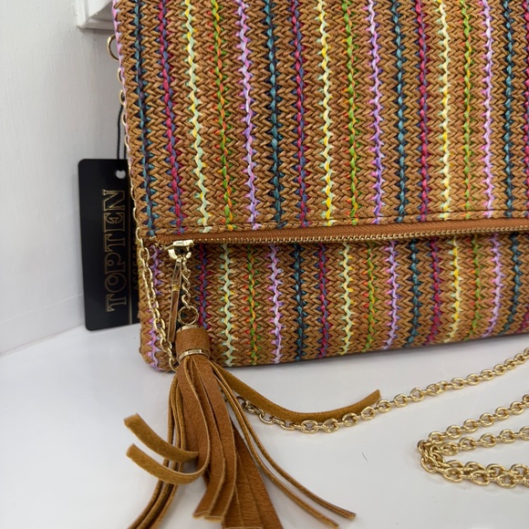 Multicolor Woven Straw Foldover Clutch with Tassel and Chain Strap - Picture 2 of 12